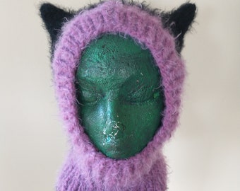 Purple & Black Cat Kitty Ears Balaclava Hand Knit Hat Hood Colorwork Reversible 2-Hats-in-1 Fits Small to Medium to Large Adult Size