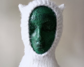 White Cat Fuzzy Kitty Cat Ears Hand Knit Hood Balaclava Hat Size Adult Small to Large