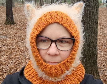 Orange Cat Fuzzy Fluff Kitty Ears Balaclava Hand Knit Size Adult S-M-L