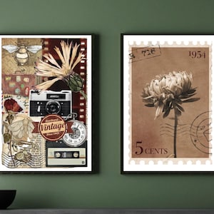 Vintage Wall Art Set – Printable Retro Posters | Nostalgic Collage & Sepia Flower Stamp