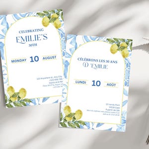 Invitation Anniversaire Citron – thème citron - invitation anniversaire - citron – Canva Modifiable FR/EN – Carte Numérique Femme Élégante