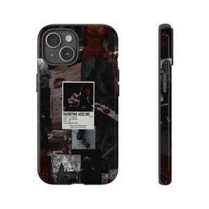 K&ouml;nnte beinhalten: Eine Smartphone-H&uuml;lle mit einer dunklen Collage und roten Akzenten. In der Mitte befindet sich ein wei&szlig;es rechteckiges Etikett mit dem Text Haunting Adeline, H.D. Carlton, Dark Romance, 2021 und einem Zitat. Das Bild zeigt ein rotes Kleid, Rosen und ein Haus.