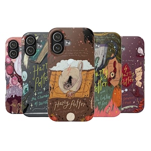 May include: A collection of five phone cases featuring illustrations inspired by the Harry Potter book series. Each case displays a different book cover design, with titles and imagery in various colors, including brown, green, and purple.