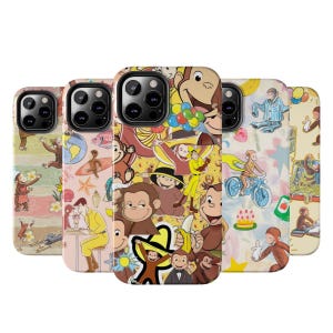 May include: Five phone cases with colorful designs featuring the Curious George character. The cases display various scenes with George, including him holding balloons, riding a bike, and wearing pajamas. The cases have a glossy finish.