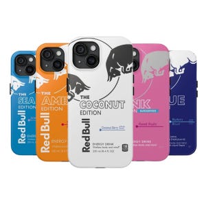 May include: A selection of phone cases with Red Bull energy drink branding. The cases are in various colours, representing different flavours such as "Sea," "Amber," "Coconut," "Pink," and "Blue." Each case has the Red Bull logo and flavour details.