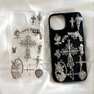 Gothic Silver Metal Charm Phone Case | Cross Heart Faith-Inspired Clear Black Phone Case for iPhone 16, 15, 14, 13, 12 Pro Max Plus Series
