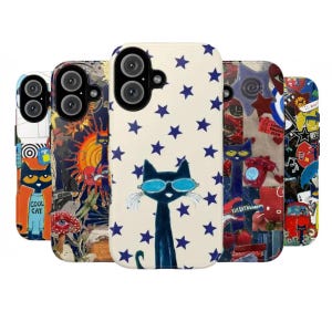 May include: A collection of phone cases with various designs. One case features a black cat wearing sunglasses and surrounded by blue stars on a cream background. Other cases display colorful art, including a cat, sun, and text.