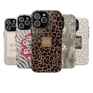 May include: Five smartphone cases featuring diverse designs: a leopard print with a cross and text, a zebra print with red text, a leopard print with a brown square and text, a camouflage pattern with text, and a light leopard print with dark text.