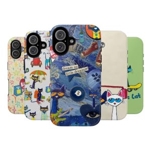 May include: A collection of five phone cases with colorful designs. The cases feature various illustrations, including cats, stars, and the text "dream on little dreamer." The cases have different backgrounds, including blue, white, and yellow.
