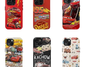 May include: Six iPhone cases featuring designs from the movie Cars. The cases are red, black, and white, with images of Lightning McQueen, Mater, and other characters. Some cases have the number 95 and the words "Kachow!" and "Rusteze."