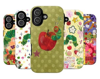 Caterpillar Fruit Snail Ladybug Collage Double Layer Phone Case | Whimsical Pastel Floral Patchwork Tough Phone Cover for iPhone & Samsung