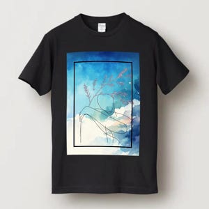 Minimalist Nature Art T-Shirt – Abstract Line Drawing & Watercolor Sky Graphic Tee – Aesthetic Boho Unisex Shirt