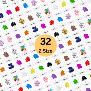 May include: A collection of cards showcasing different coloured balloons, such as red, blue, and gold. Each card has a cluster of balloons and a colour label. The image also includes the text "32 2 Size."