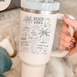 Beach Vibes 40oz Tumbler Summer Engraved Cup Palm Tree Surfboard Wave Design Custom Travel Mug Vacation Gift for Her Ocean Drinkware