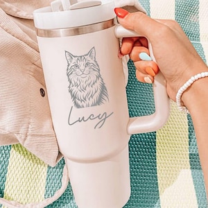 Custom Pet Tumbler Engraved Cat Portrait Personalized Mug with Handwritten Letter Design Travel Name Cup Gift Cat Mom Animal Keepsake