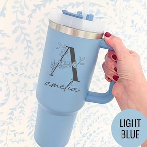 Floral Letter A Tumbler Personalized with Name Engraving Custom Initial Cup Botanical Design Elegant Gift for Daily Use or Special Moments
