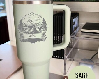 Personalized Camping Tumbler: Engraved Tent and Mountain Design
