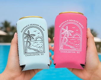Personalized Beach Bash Can Cooler, Custom Tropical Party Favor, Miami Beach Drink Sleeve
