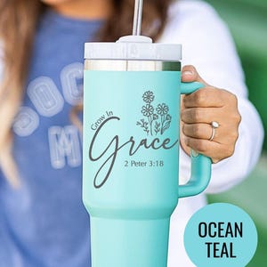 Grow in Grace Tumbler Engraved Scripture Mug Floral Christian Cup Inspirational Gift Bible Verse Drinkware Faith Based Present