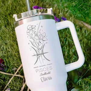 Zodiac Sign Tumbler Personalized Engraved Birth Flower Custom Name Astrology Cup Celestial Gift for Her Horoscope Star Sign Drinkware