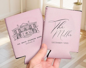 Custom Wedding Venue Illustration Can Coolers: Personalized Neoprene Drink Sleeves