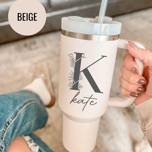 Custom Engraved Tumbler Floral Monogram K Personalized Name Cup Botanical Initial Gift Elegant Drinkware Idea Birthday or Everyday Use
