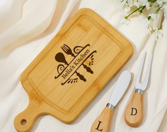 Personalized Bamboo Cheese Board: Custom Name Engraved with Utensils