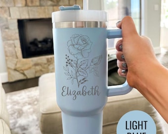Personalized Floral Rose Tumbler: Laser Engraved Stainless Steel Travel Mug