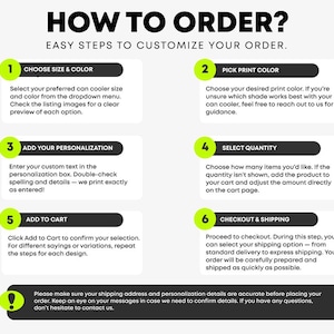 May include: An instructional graphic titled HOW TO ORDER? with the subtitle EASY STEPS TO CUSTOMIZE YOUR ORDER. It lists six numbered steps in lime green circles with black text boxes, detailing how to select size, color, print, personalization, quantity, and checkout, plus a final note.
