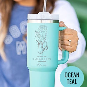 Capricorn Zodiac Tumbler Engraved Carnation Flower Custom Name Astrology Cup Personalized Star Sign Gift Celestial Floral Drinkware