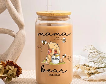 Mama Bear Glass Can Tumbler: Personalized Winnie the Pooh and Bees Colorful Cup