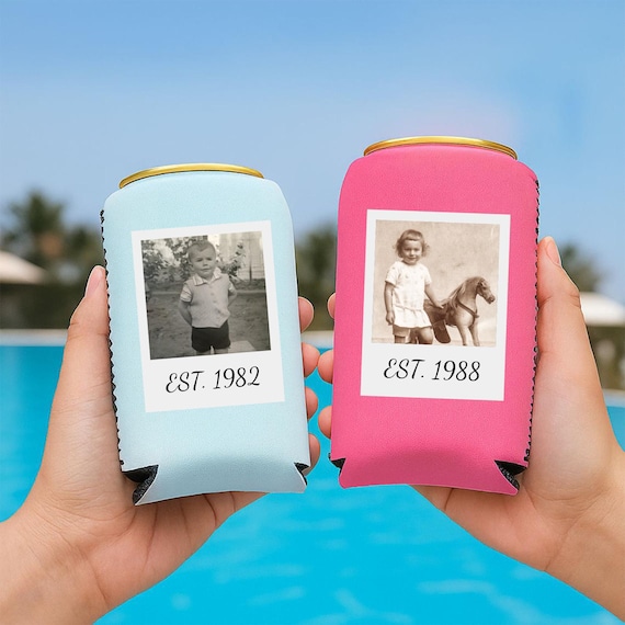 Custom Photo Can Cooler, Personalized Drink Sleeve, EST Year Gift