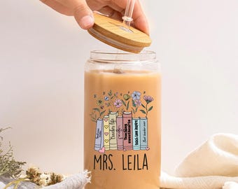 Custom Teacher Glass Can Tumbler: Floral Book Stack, Personalized Gift