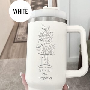 Gemini Zodiac Tumbler Custom Engraved Rose Flower Astrology Cup Personalized Name Horoscope Gift Celestial Sign Birthday Drinkware