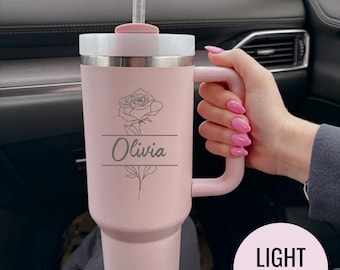 Engraved Rose Tumbler: Personalized Floral Stainless Steel Cup, 40oz