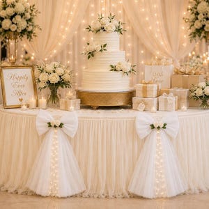 May include: A three-tier white wedding cake on a gold pedestal stand, centred on a round table draped in a white pleated skirt with two large white tulle bows. The table features white floral arrangements, gift boxes, and a framed sign.