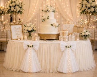 14ft Ivory Ruffled Tulle Table Skirt with Giant White Bows,Shimmering Mesh,Confirmation,Christening/Baptism, Baby/Bride Shower,Wedding Decor