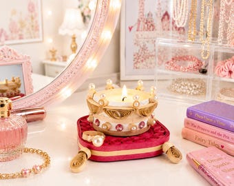 Handcrafted Quilled Princess Crown on Pink Cushion – Mini Keepsake Candle Holder with Pearls, Gemstones & Gold Tassels