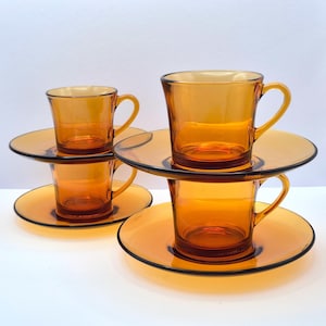 Vintage Duralex Amber Glass Cup & Saucer Set: Retro French Drinkware
