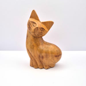 VINTAGE Hand Carved Wooden Cat Figurine | 1960s Mid Century Modern Animal Sculpture | Retro Wood Cat Statue | MCM Shelf Decor