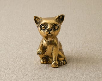 Mid Century Modern Brass Cat Figurine: Retro Kitten Sculpture