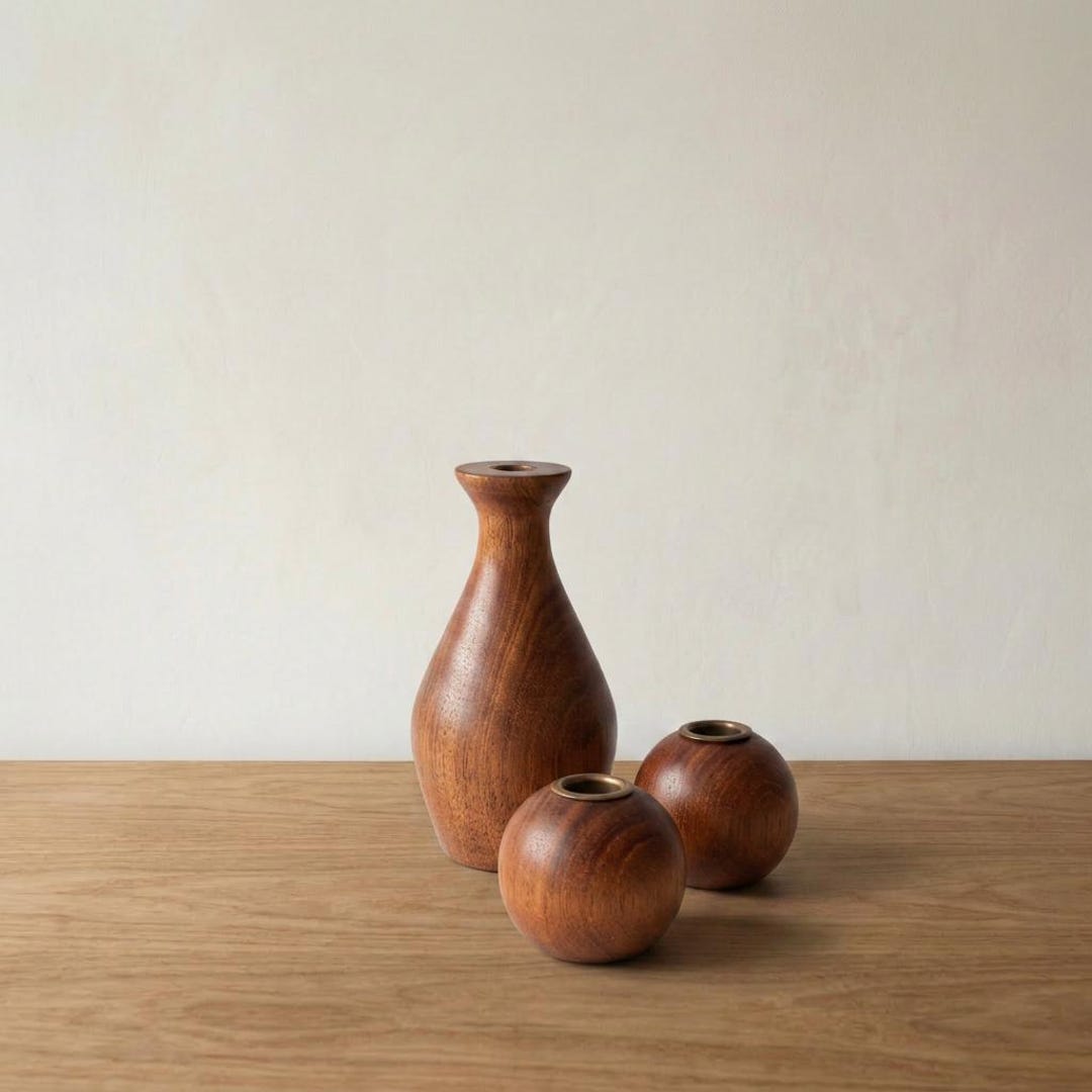 Mid Century Teak Candle Holder Set: Hand Turned Scandinavian Modern ...