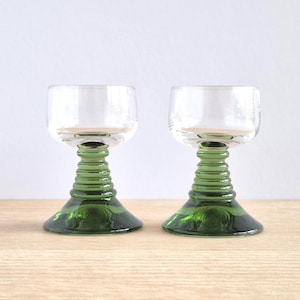 VINTAGE Green Glass Shot Glasses | Pair 7.5 cm | Stacked Stem Cordials | Mid Century Barware | Retro Drinks Glasses