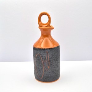 Vintage Hanstan Pottery Oil Bottle: Mid-Century Modern Black & Orange Stoneware