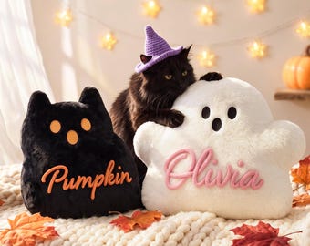 Custom Name Ghost & Black Cat Cushion, Halloween Decor Plush Pillow, Personalized Gift for Kids Bedroom