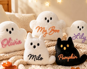 Personalized Ghost and Black Cat Throw Pillow, Custom Name Plush Cushion, Cute Spooky Fall Halloween Home Decor Gift