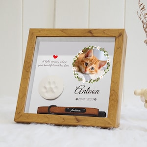 Pet Memorial Collar & Clay Paw Print Shadow Box – Custom Wood Frame, Dog/Cat Loss Gift with Name/Photo, Sympathy Tribute for Grieving