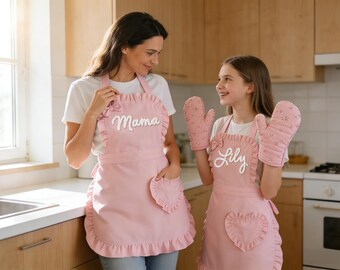 Personalized Kitchen Gift: Ruffled Heart Apron, Family Baking Matching Set