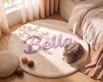 Custom Name Round Plush Rug, Personalized Fluffy Carpet for Pet Bed (3 Sizes)