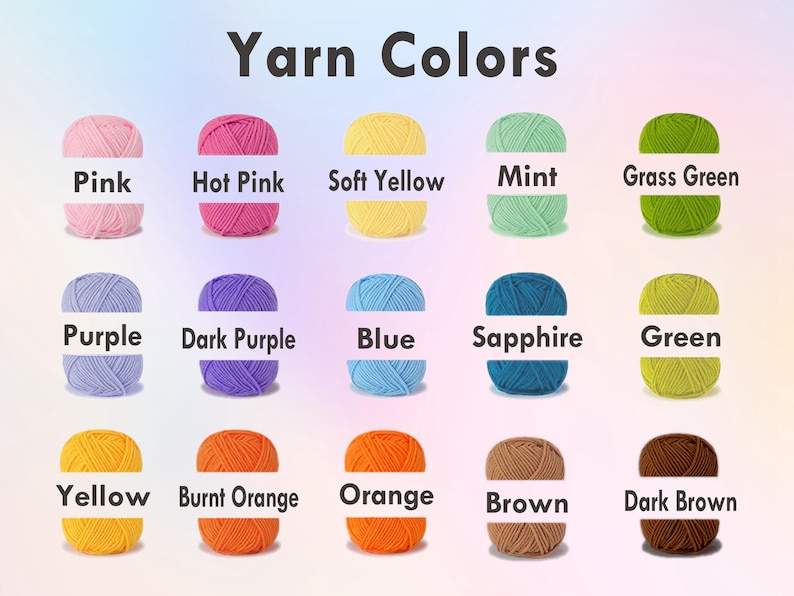 Puede incluir: Imagen que muestra una variedad de colores de hilo, incluyendo rosa, rosa intenso, amarillo suave, menta, verde hierba, morado, morado oscuro, azul, zafiro, verde, amarillo, naranja quemado, naranja, marr&oacute;n y marr&oacute;n oscuro. El texto "Yarn Colors" est&aacute; en la parte superior.